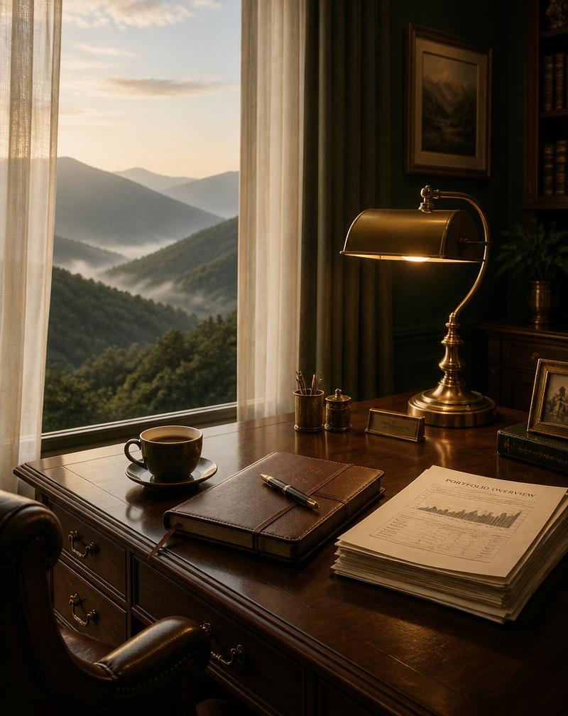 Writing desk overlooking the Smoky Mountains